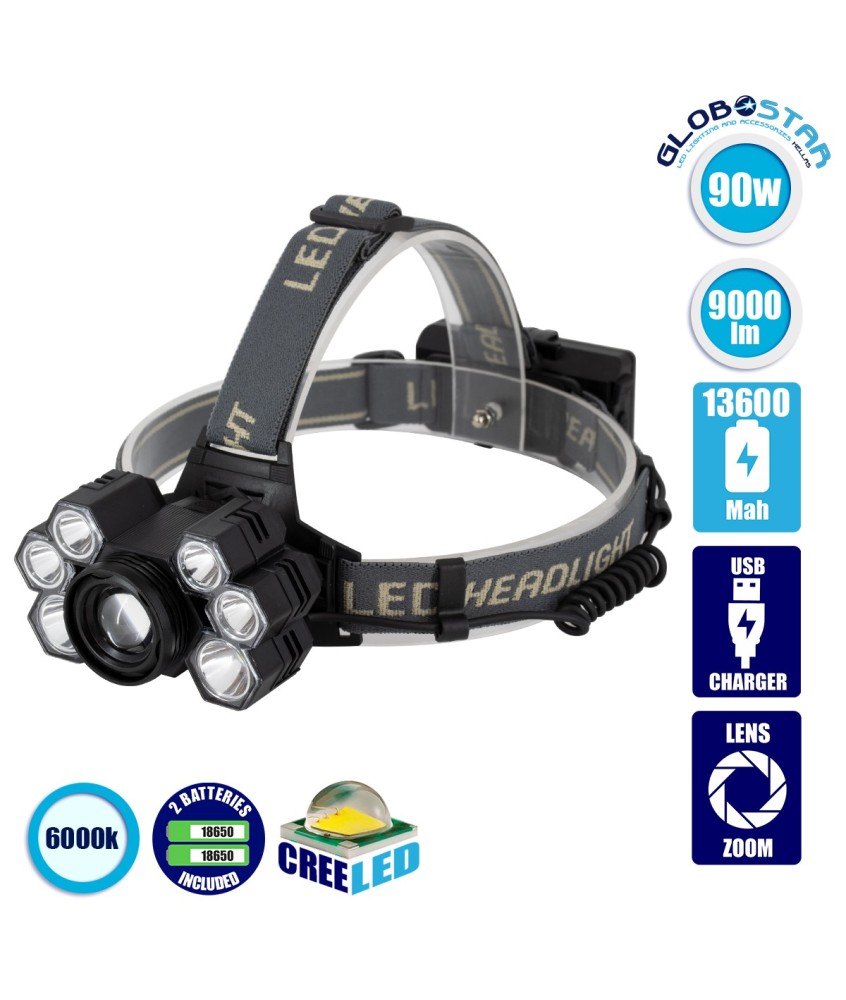 GLOBOSTAR® HEADLAMP 79061 Φακός Κεφαλής LED 30W 3000lm 15~60° DC 5V με USB-C με Επαναφορτιζόμενη Μπαταρία Li-ion 3.7V 2x18650 6000mAh Αδιάβροχο IP54 Ψυχρό Λευκό 6000K - CREE XML2-T6 Chip - Μ9.5 x Π5 x Υ5cm - 2 Χρόνια Εγγύηση